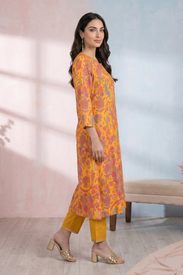 Yellow Floral Printed Modal Straight Kurta