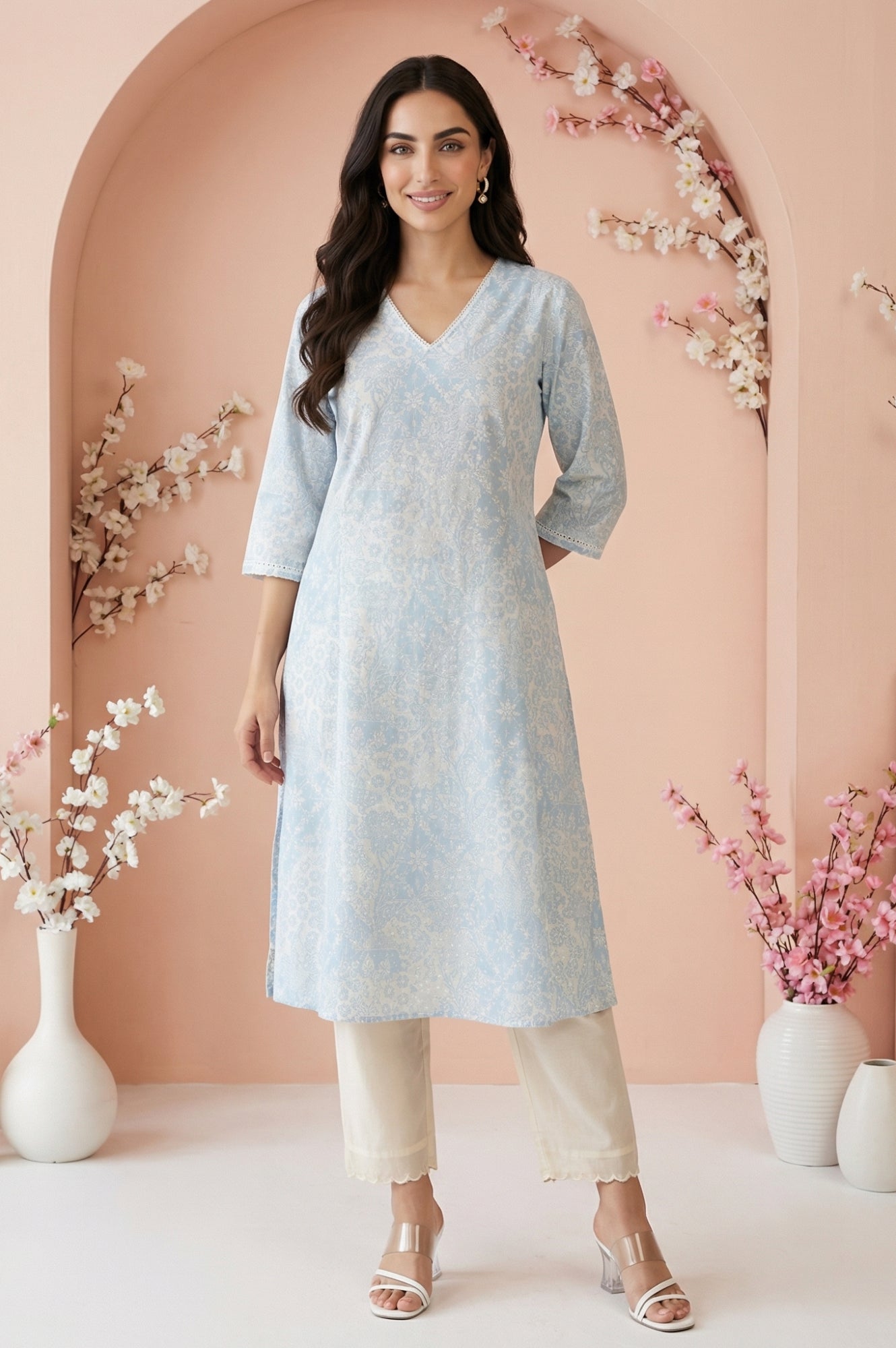 Light Blue Floral Printed Pure Cotton Straight Kurta