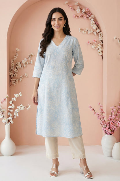 Light Blue Floral Printed Pure Cotton Straight Kurta