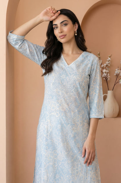 Light Blue Floral Printed Pure Cotton Straight Kurta