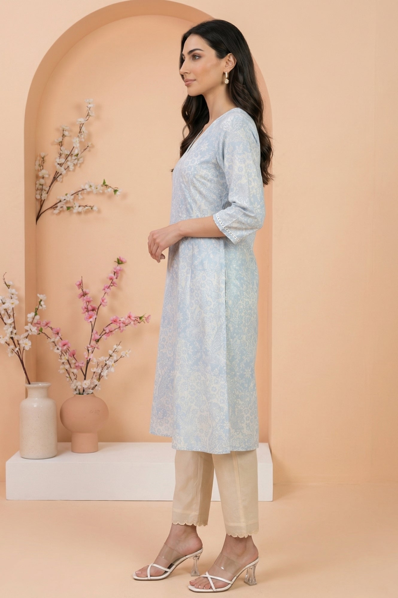 Light Blue Floral Printed Pure Cotton Straight Kurta