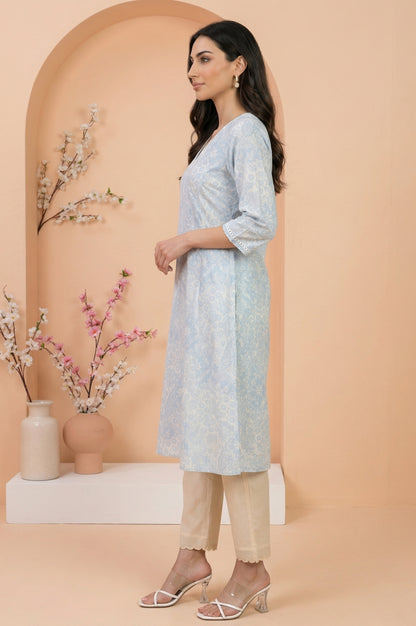 Light Blue Floral Printed Pure Cotton Straight Kurta