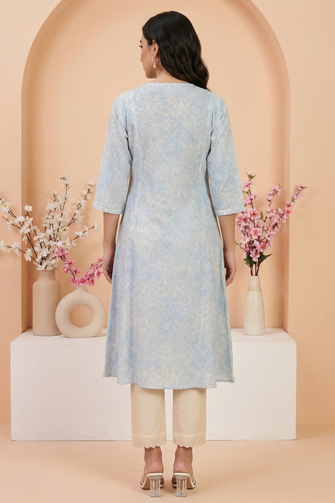 Light Blue Floral Printed Pure Cotton Straight Kurta