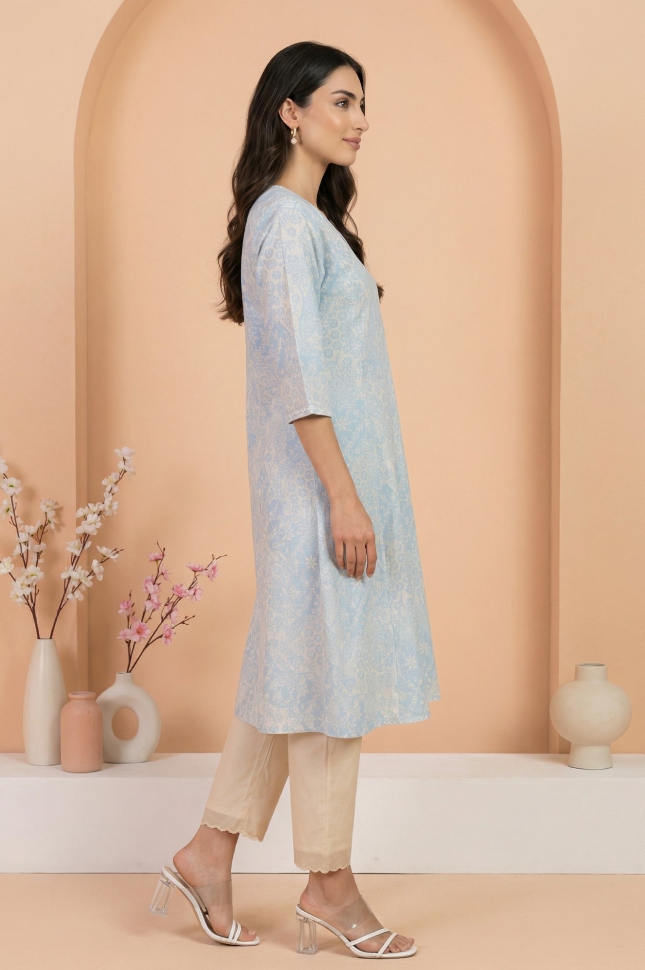 Light Blue Floral Printed Pure Cotton Straight Kurta