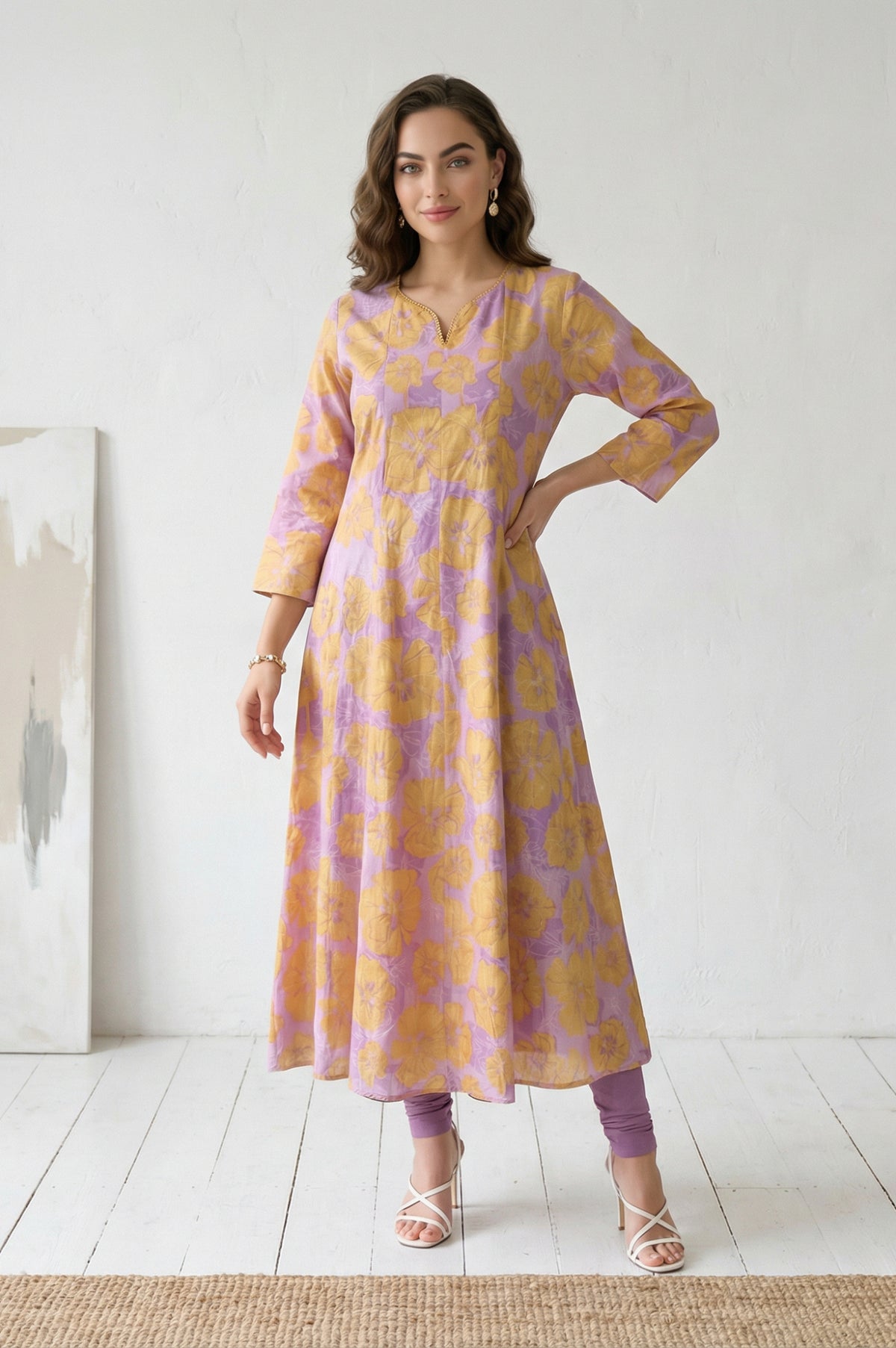 Lavender Bold Floral Printed Pure Cotton A-line Kurta - S