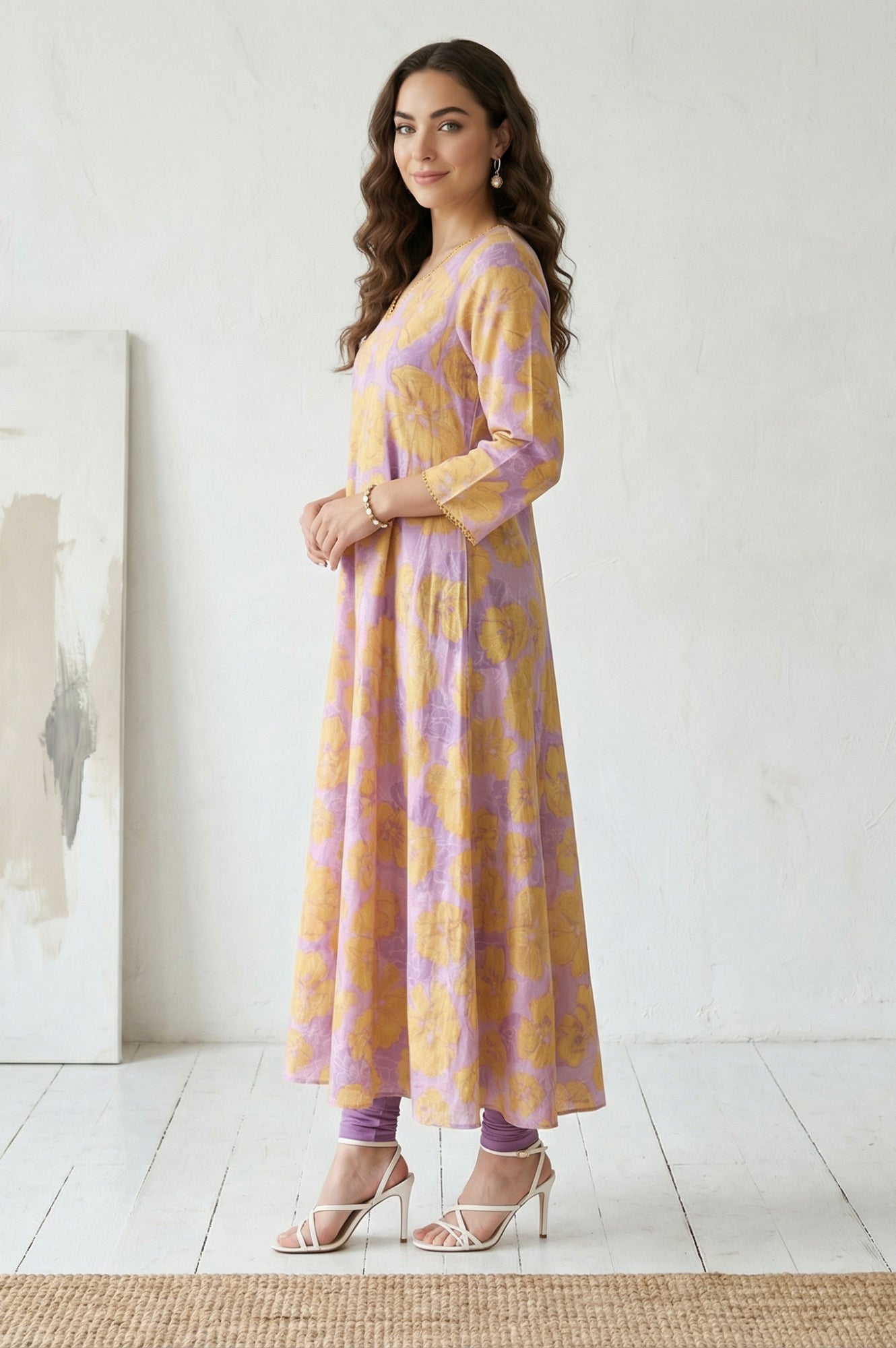 Lavender Bold Floral Printed Pure Cotton A-line Kurta