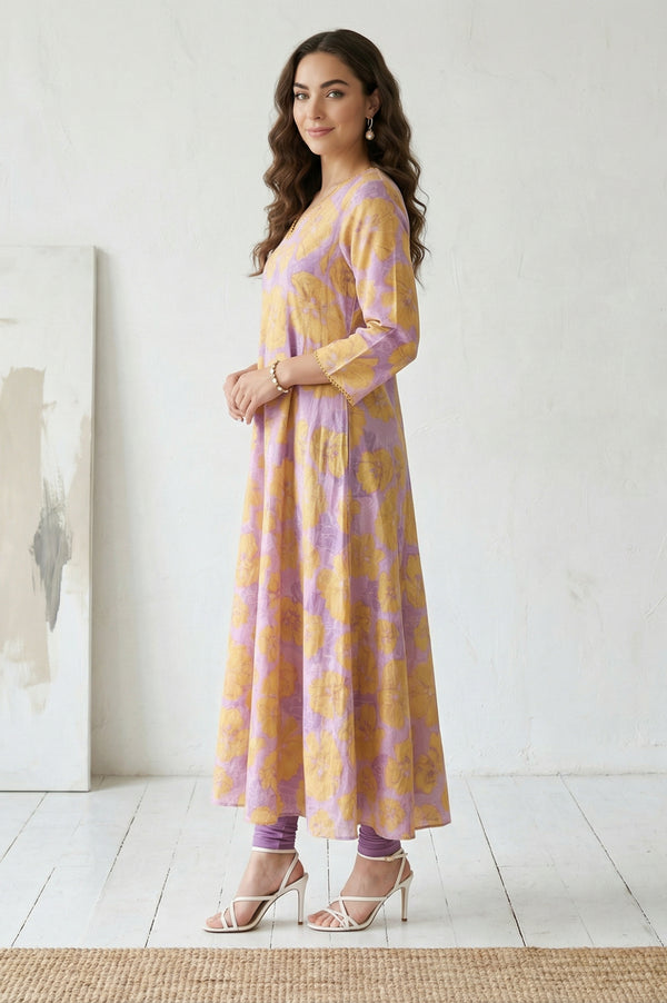 Lavender Bold Floral Printed Pure Cotton A-line Kurta
