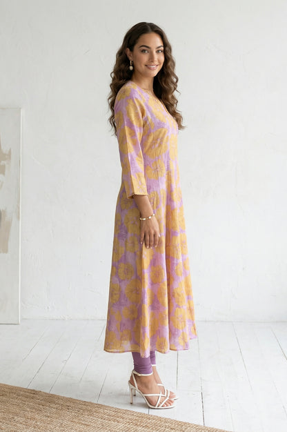 Lavender Bold Floral Printed Pure Cotton A-line Kurta