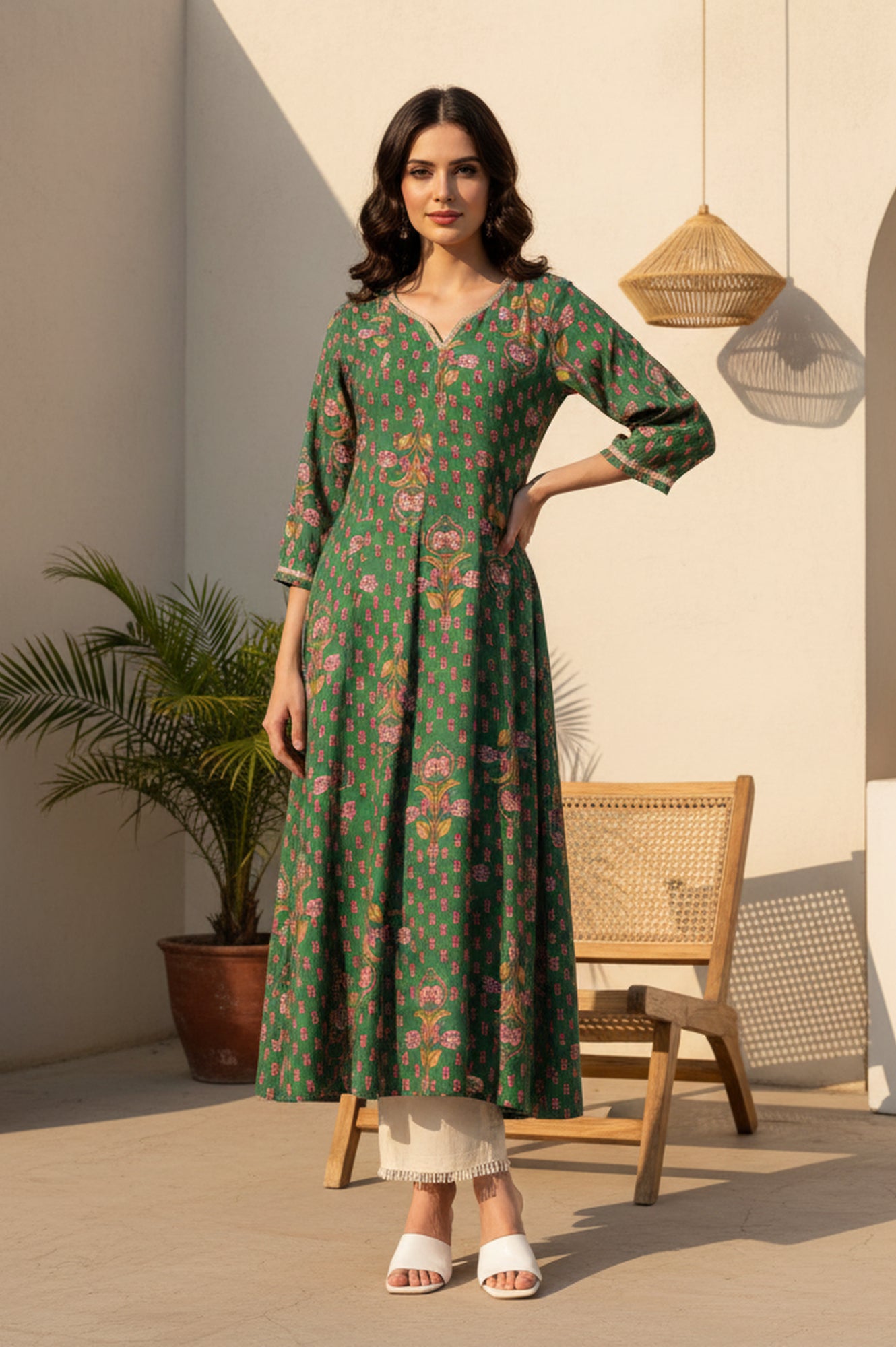 Green Floral Printed Tape Zari Anarkali Kurta