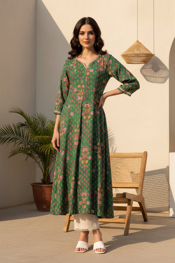 Green Floral Printed Tape Zari Anarkali Kurta