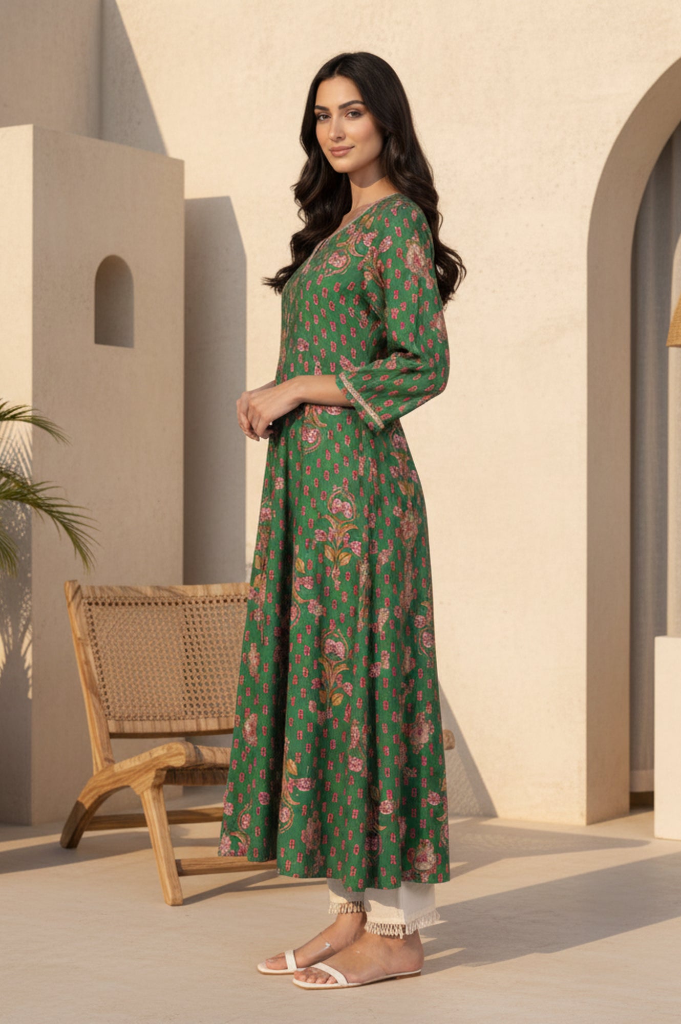Green Floral Printed Tape Zari Anarkali Kurta