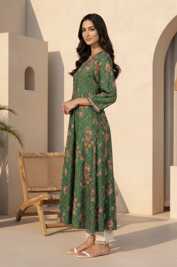 Green Floral Printed Tape Zari Anarkali Kurta