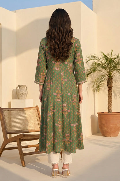 Green Floral Printed Tape Zari Anarkali Kurta