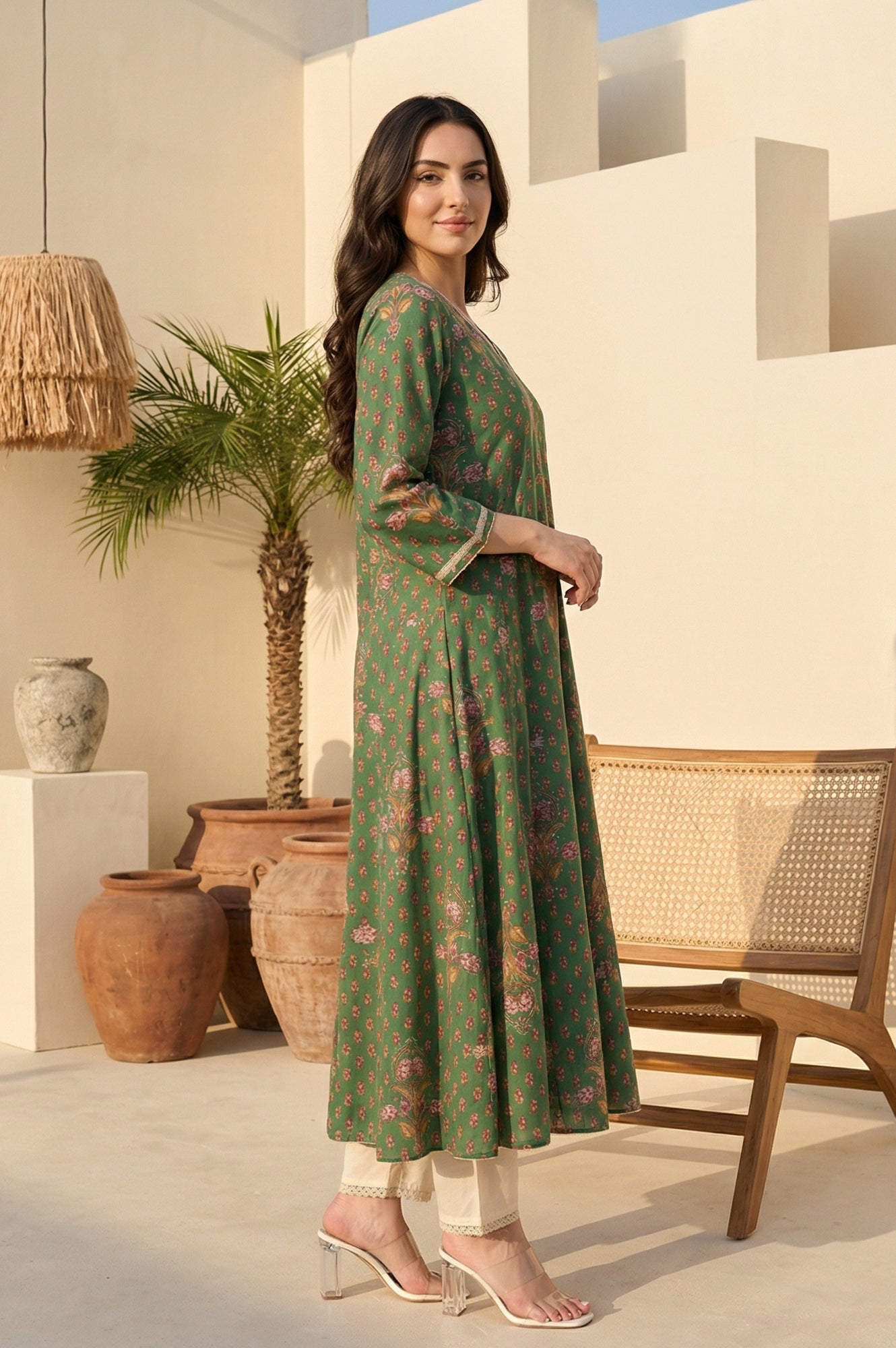 Green Floral Printed Tape Zari Anarkali Kurta