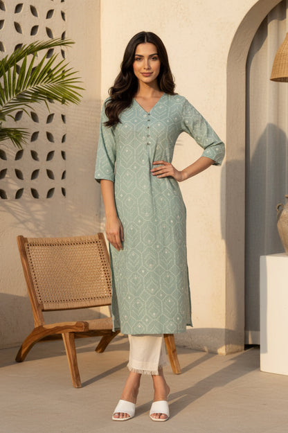 Sea Green Geometric Printed Pure Cotton Straight Kurta