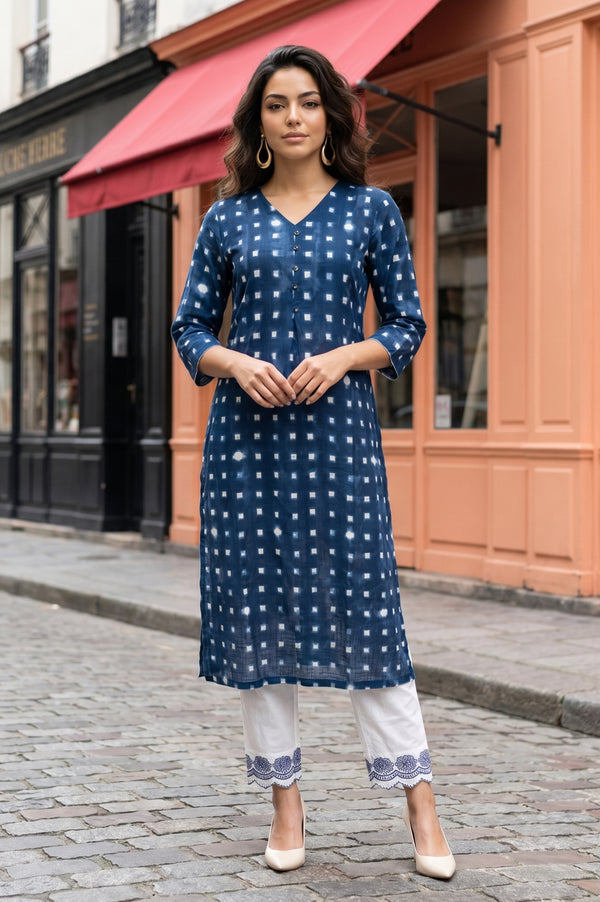 Blue Geometric Printed Pure Cotton Straight Kurta