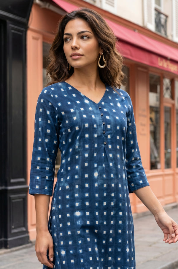 Blue Geometric Printed Pure Cotton Straight Kurta