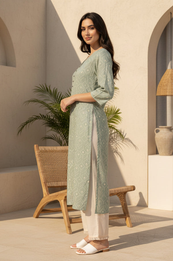 Sea Green Geometric Printed Pure Cotton Straight Kurta