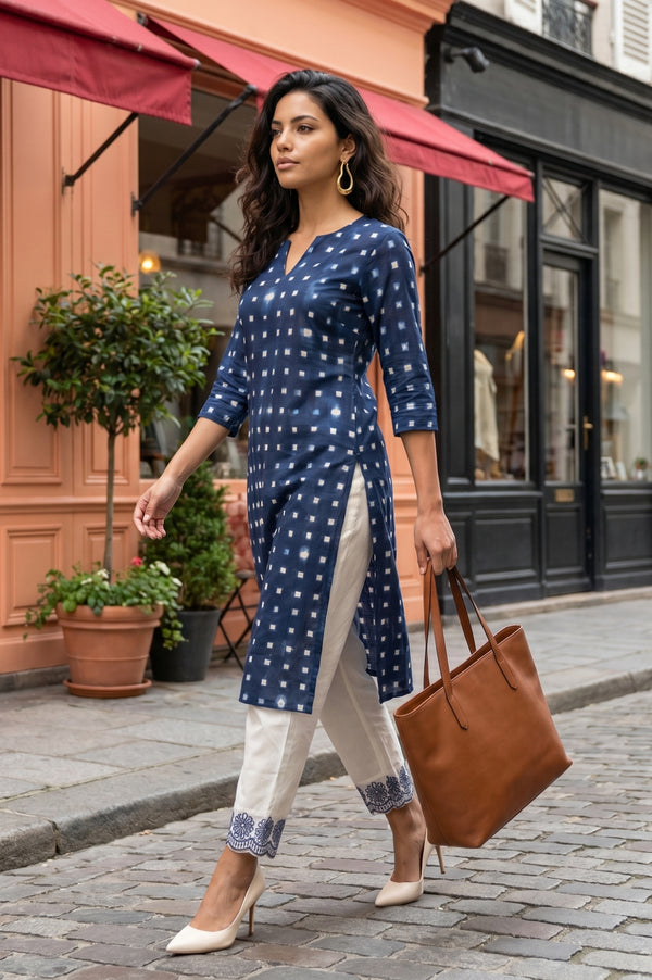 Blue Geometric Printed Pure Cotton Straight Kurta
