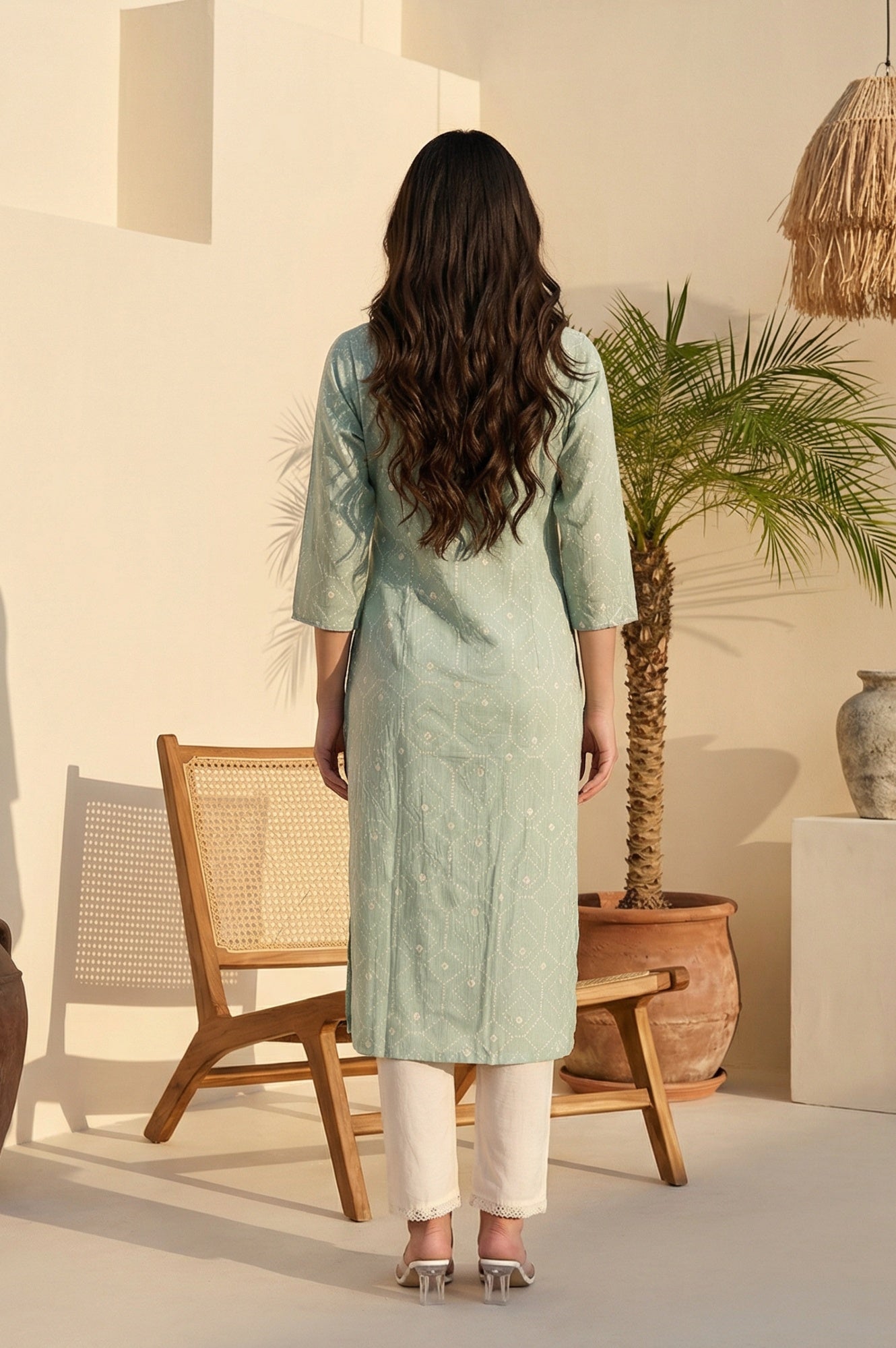 Sea Green Geometric Printed Pure Cotton Straight Kurta