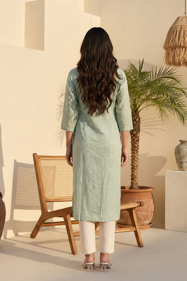 Sea Green Geometric Printed Pure Cotton Straight Kurta