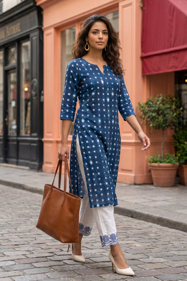 Blue Geometric Printed Pure Cotton Straight Kurta