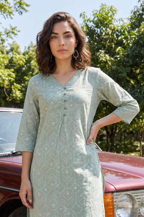 Sea Green Geometric Printed Pure Cotton Straight Kurta