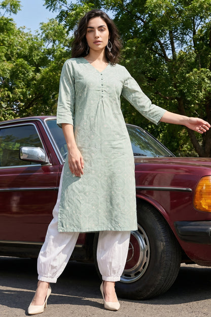 Sea Green Geometric Printed Pure Cotton Straight Kurta