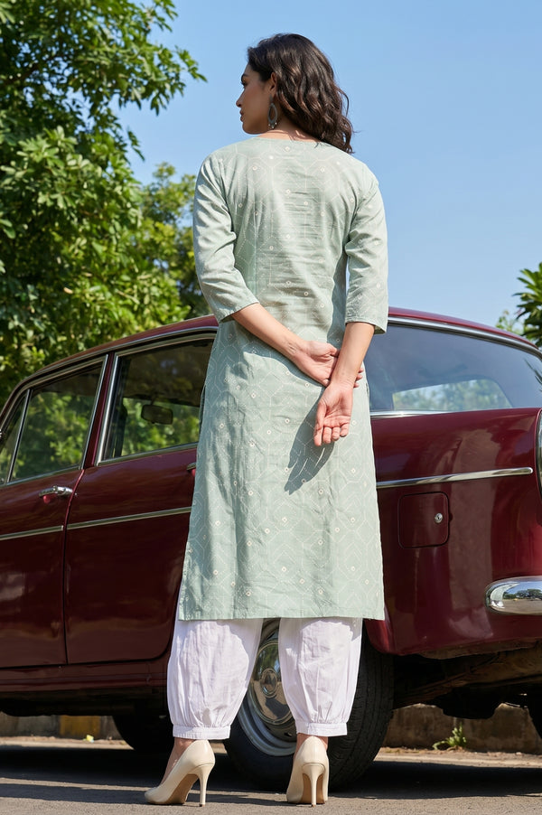 Sea Green Geometric Printed Pure Cotton Straight Kurta
