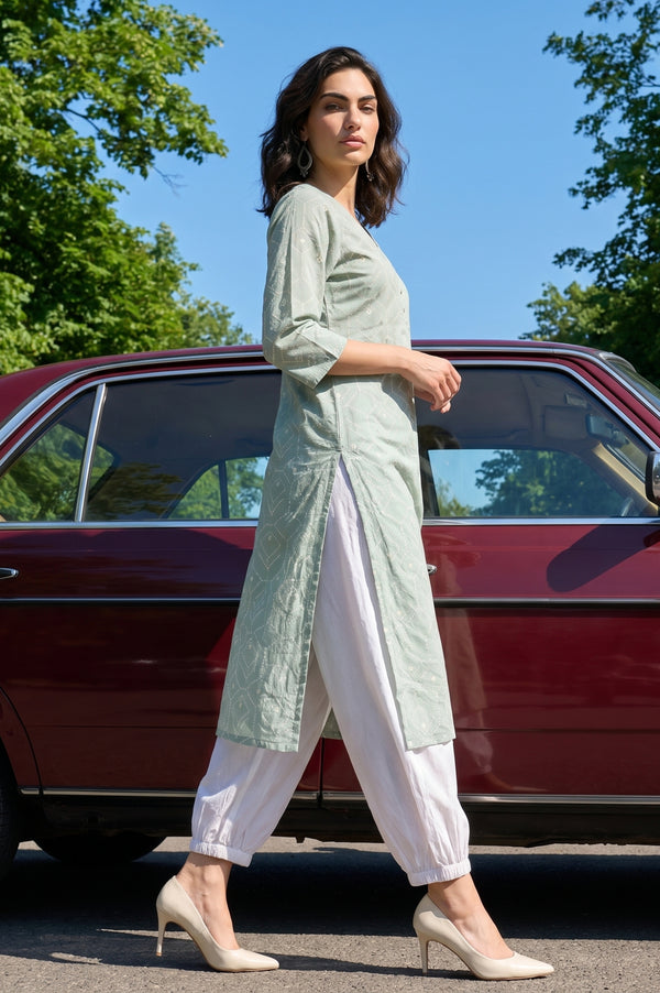 Sea Green Geometric Printed Pure Cotton Straight Kurta