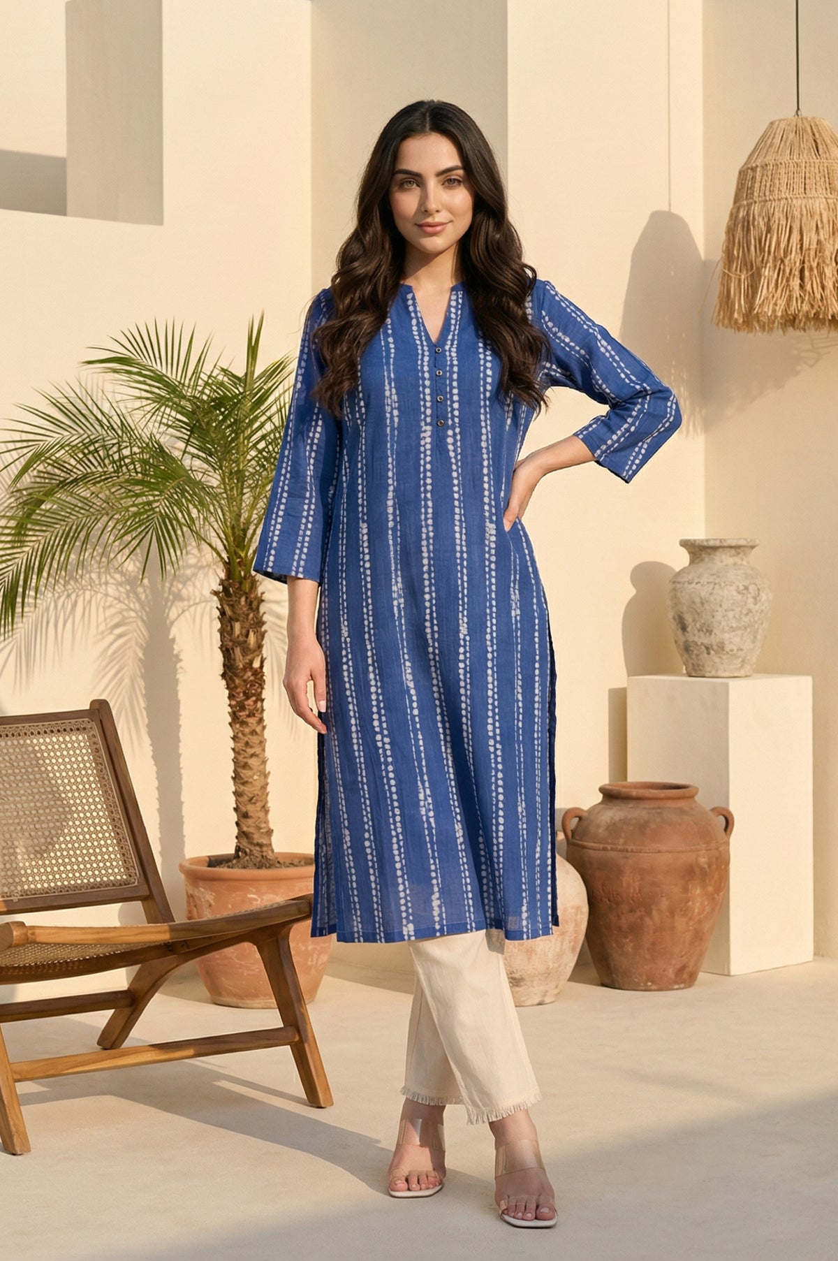Blue Striped Buttons Pure Cotton Straight Kurta - S