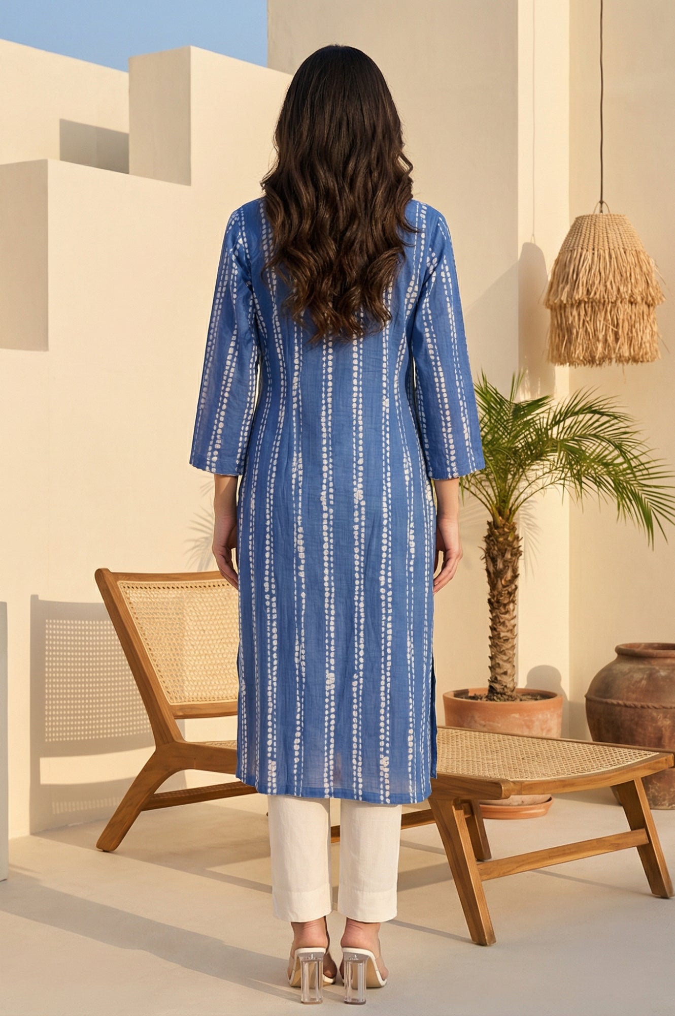 Blue Striped Buttons Pure Cotton Straight Kurta