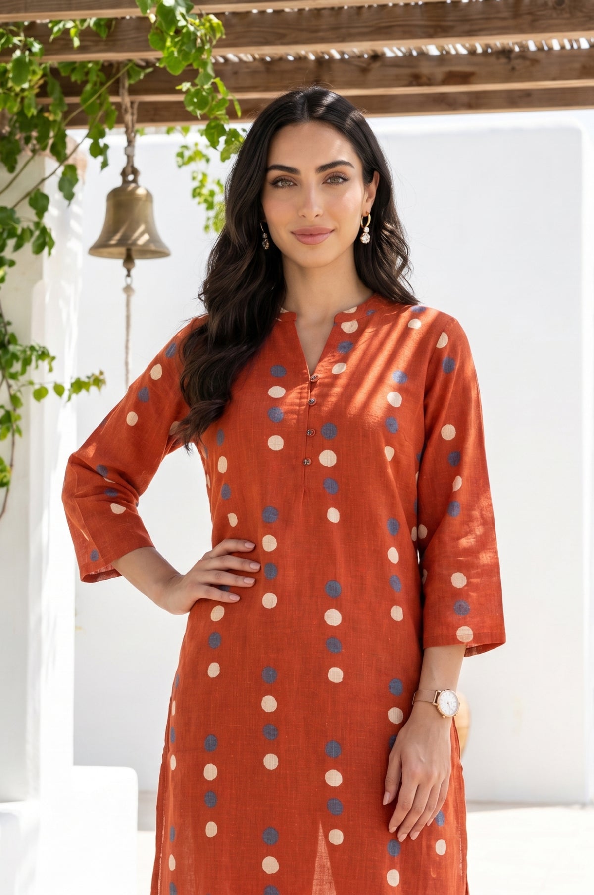 Rust Polka Dots Printed Pure Cotton Straight Kurta - XS