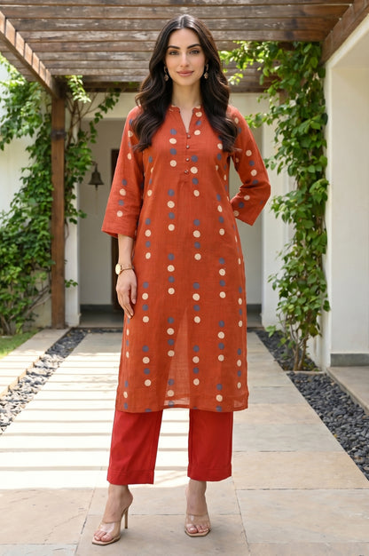Rust Polka Dots Printed Pure Cotton Straight Kurta
