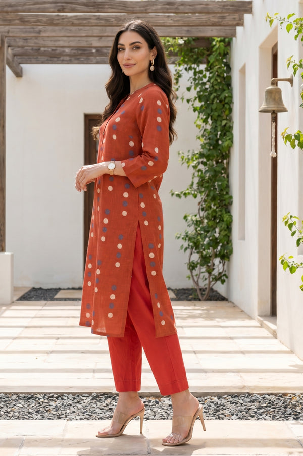 Rust Polka Dots Printed Pure Cotton Straight Kurta