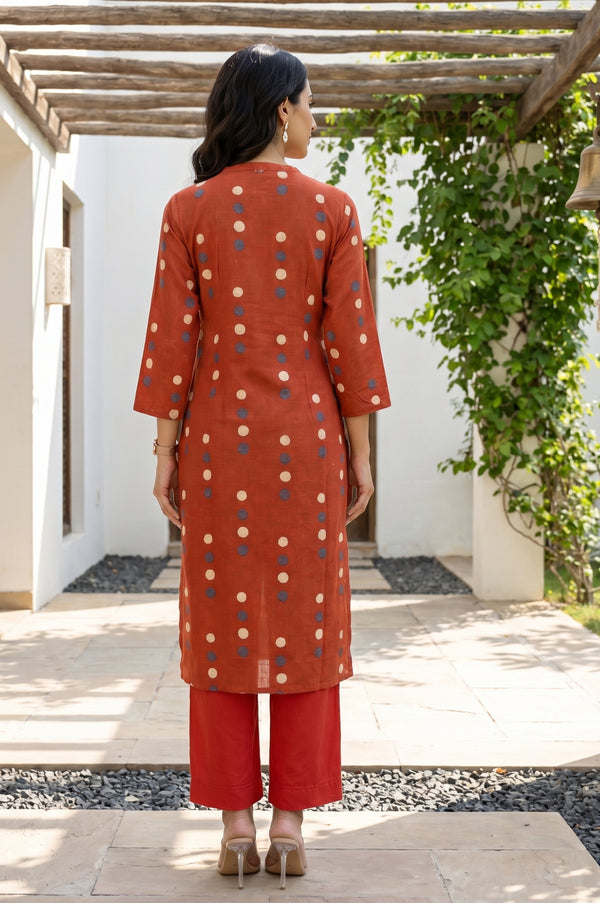 Rust Polka Dots Printed Pure Cotton Straight Kurta