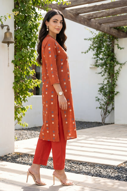 Rust Polka Dots Printed Pure Cotton Straight Kurta