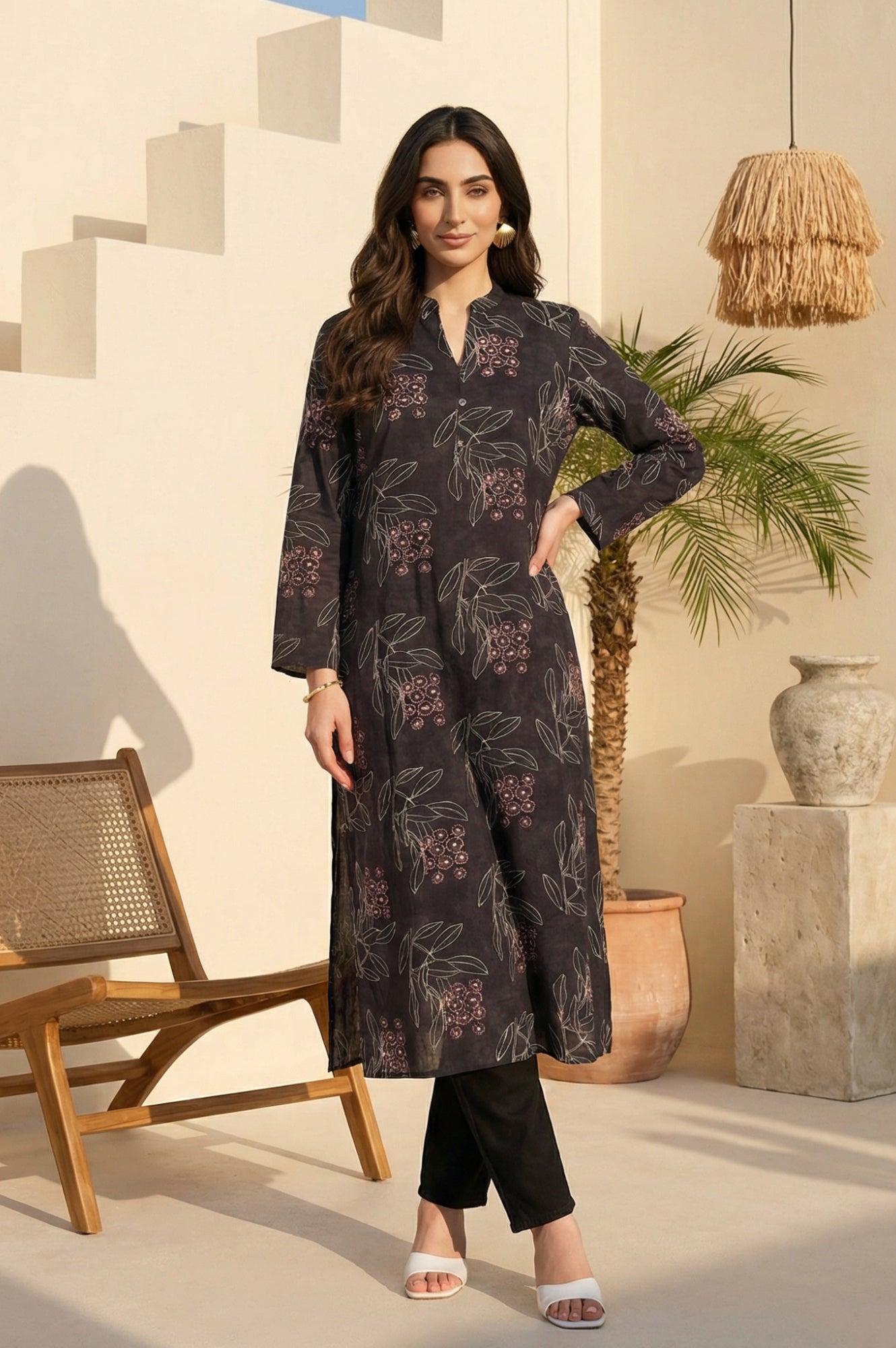 Black Floral Printed Rayon Straight Kurta