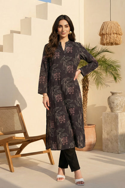 Black Floral Printed Rayon Straight Kurta