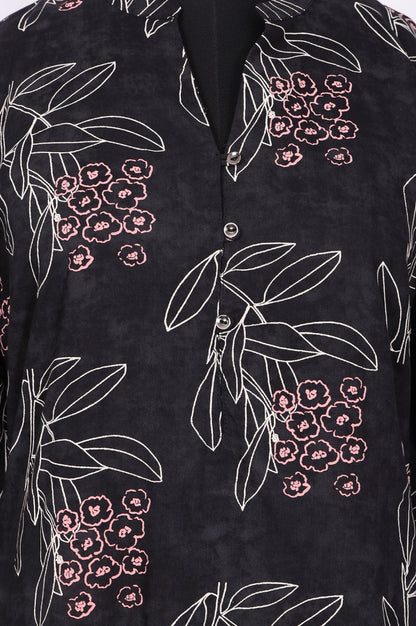Black Floral Printed Rayon Straight Kurta
