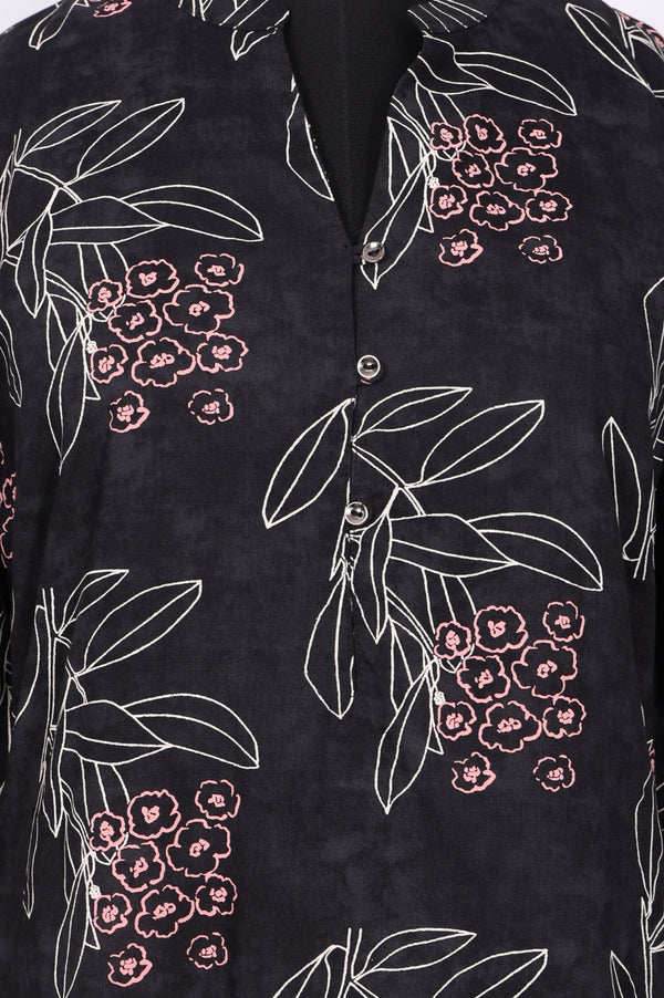 Black Floral Printed Rayon Straight Kurta
