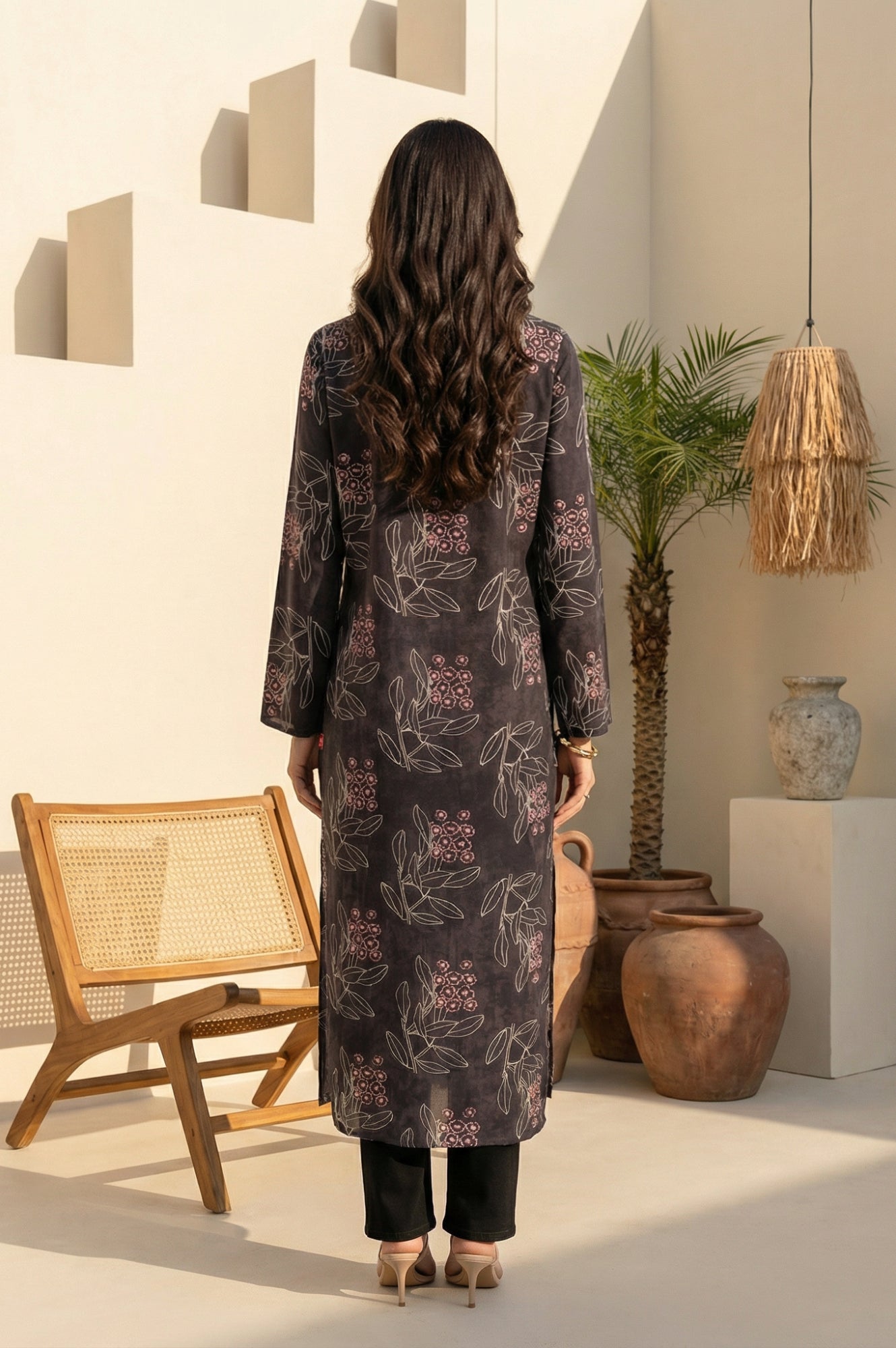 Black Floral Printed Rayon Straight Kurta