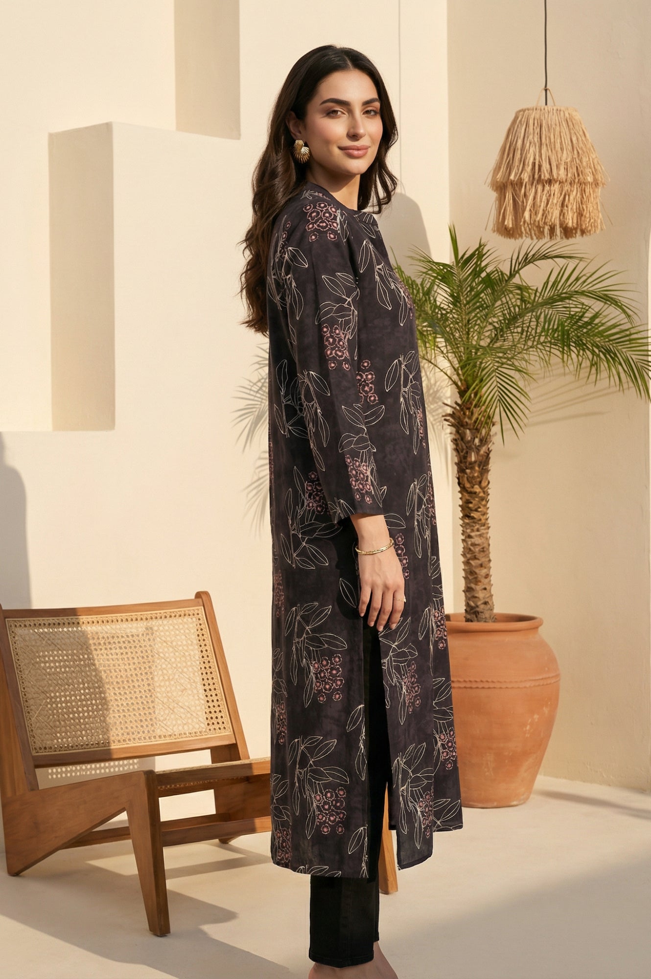 Black Floral Printed Rayon Straight Kurta