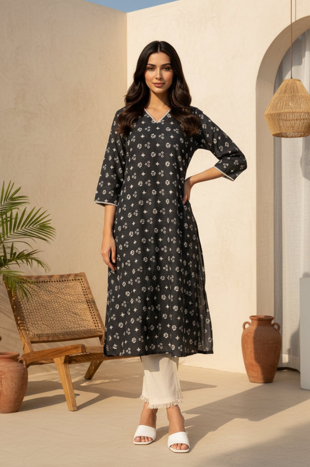 Charcoal Geometric Printed Lace Pure Cotton A-line Kurta - S