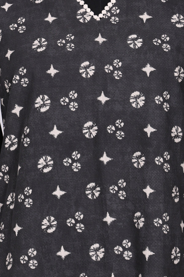 Charcoal Geometric Printed Lace Pure Cotton A-line Kurta