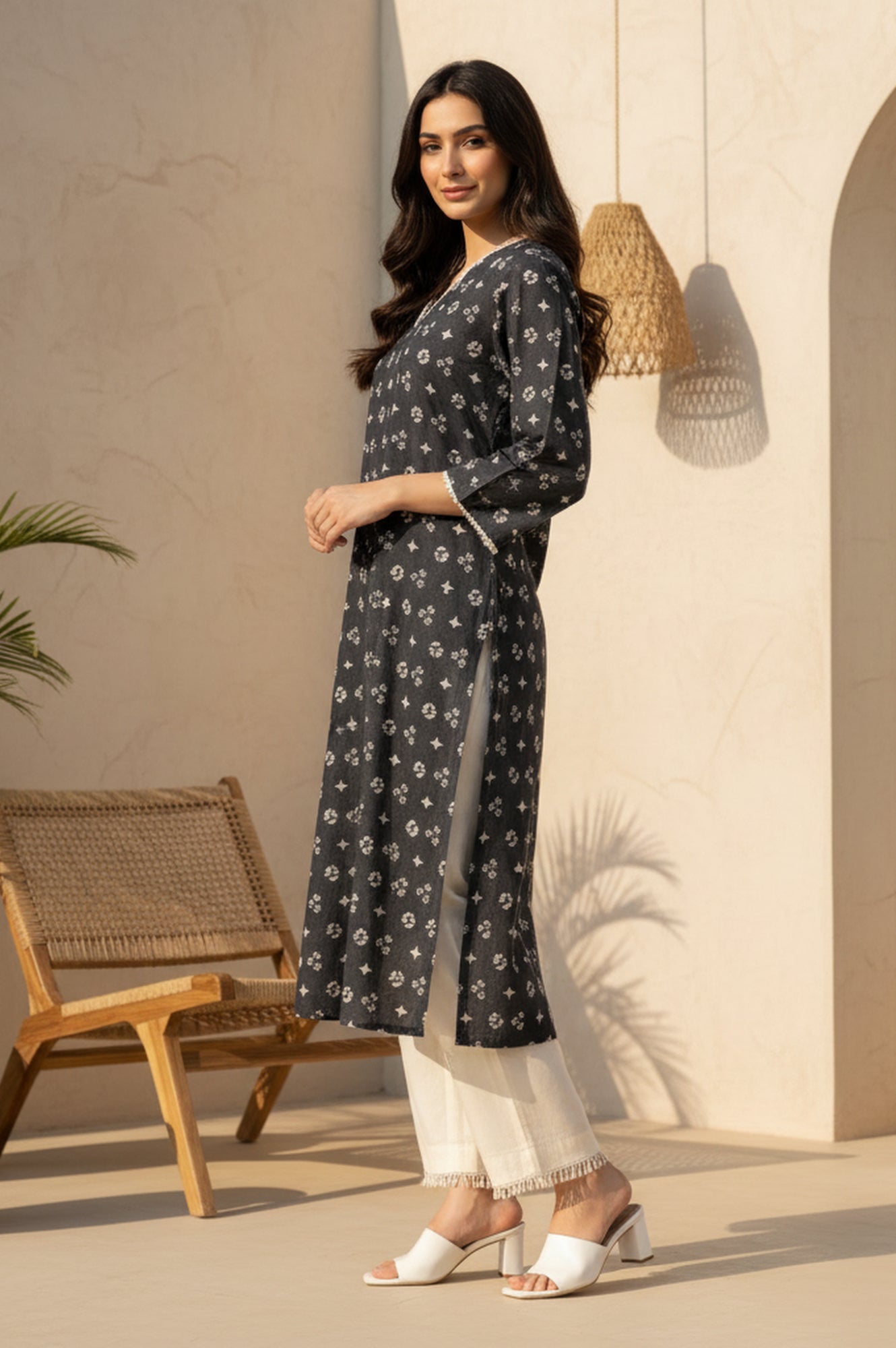 Charcoal Geometric Printed Lace Pure Cotton A-line Kurta