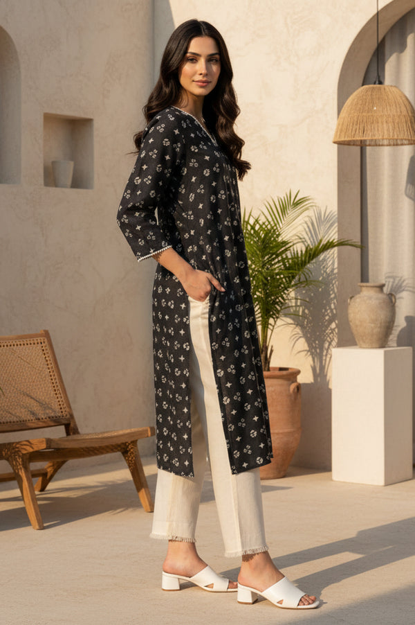 Charcoal Geometric Printed Lace Pure Cotton A-line Kurta