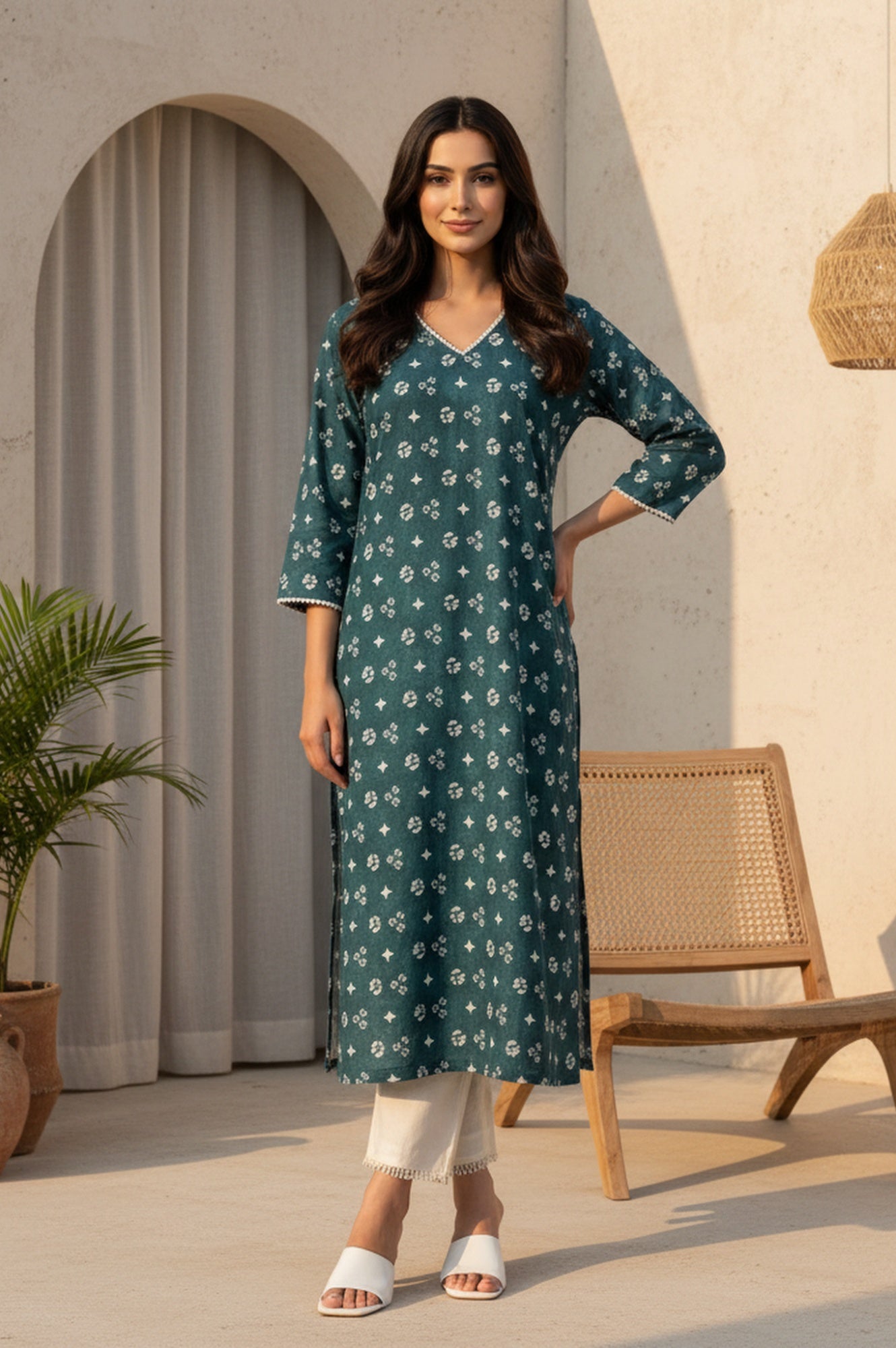 Teal Green Geometric Printed Lace Pure Cotton Straight Kurta