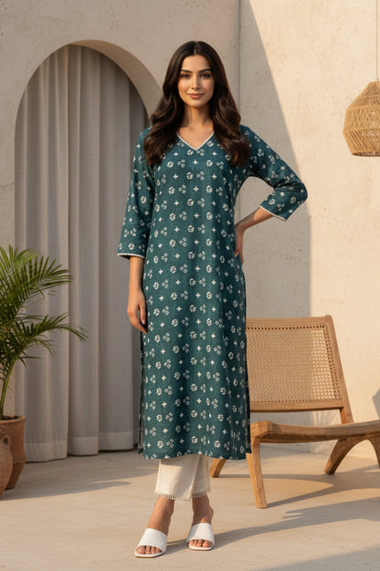 Teal Green Geometric Printed Lace Pure Cotton Straight Kurta