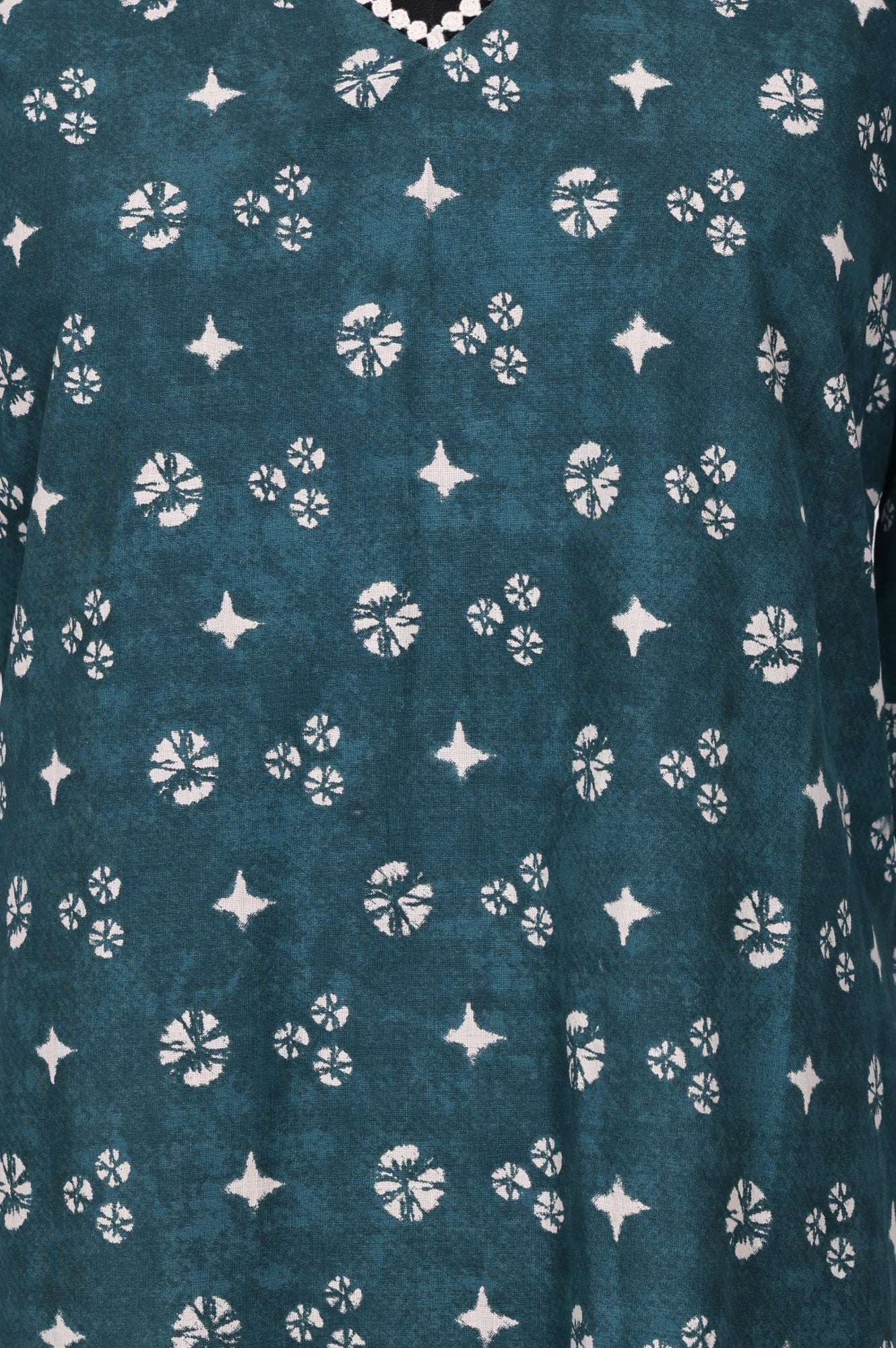 Teal Green Geometric Printed Lace Pure Cotton Straight Kurta